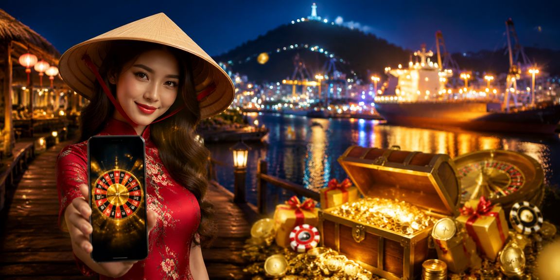 Người chơi tại Vũng Tàu trải nghiệm roulette trực tuyến với nón lá bên bờ biển